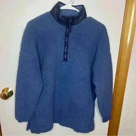 Aerie Pullover 1/4 Zip Women Small Denim Blue Oversized Long Sleeve Sherpa NWOT - Picture 1 of 9